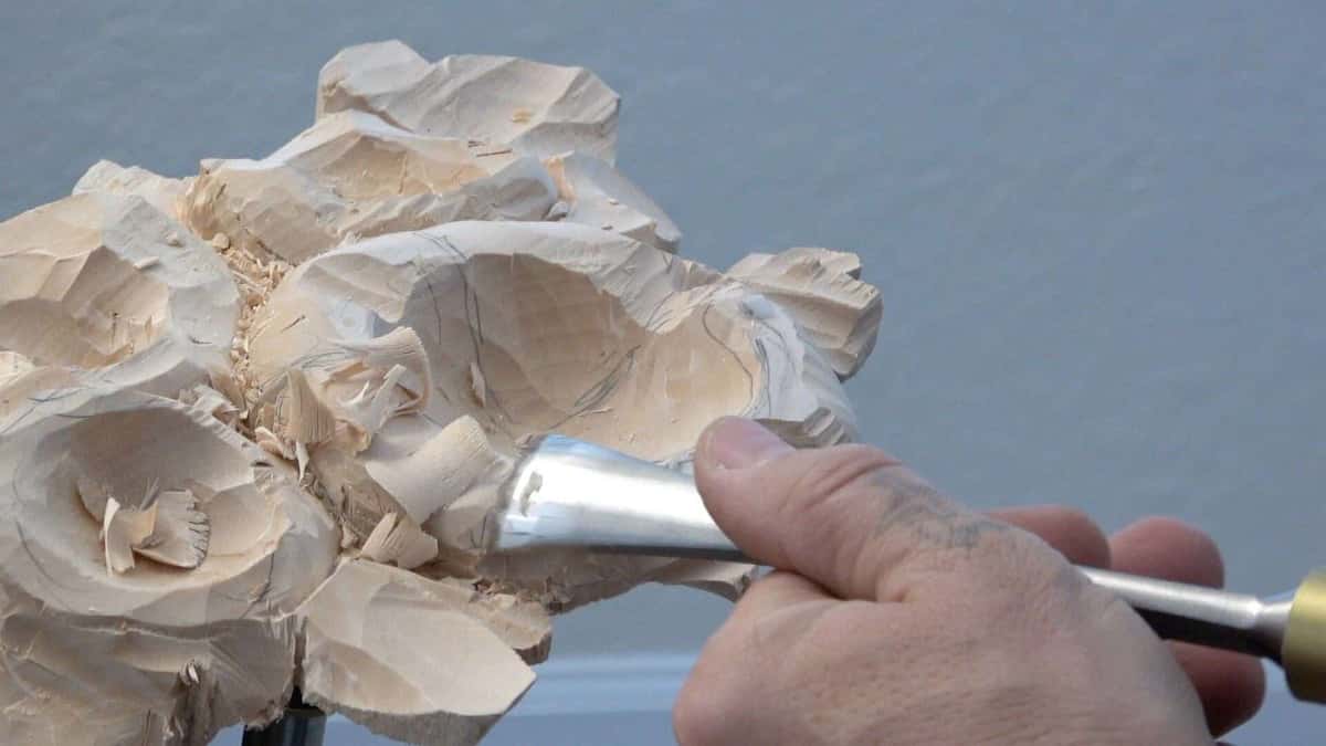 A wide gouge lifts a heavy chip and leaves ragged, fuzzy fibers standing on the rough flower.