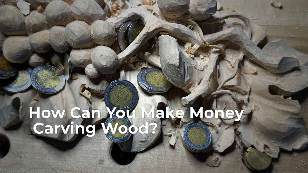 WOODCARVING LESSONS: Wood shavings and coin carvings lie on a workbench. Over them, the text reads "How to Make Money Carving Wood?" The only person in the pictures is Woodcarver Grabovetskiy. - Wood Carving tutorials  A woodworker carves a piece of basswood into a beautiful object of beauty using carving tools. This image shows wood carving techniques, including chip carving and relief carving. The woodcarver uses a chisel and carving knife, illustrating how to carve wood effectively. This scene highlights how to make money carving wood by creating unique handmade items, participating in local craft fairs, and starting a profitable woodworking business. The right tools for wood carving projects are essential for turning your woodworking hobby into a profitable venture, allowing you to sell your carvings to potential customers and make enough money from wood carving.