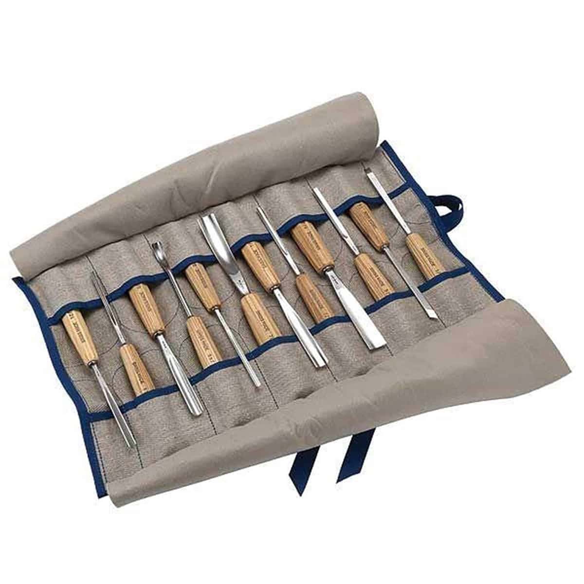 Canvas roll holding twelve beginner carving tools, printing on the handles