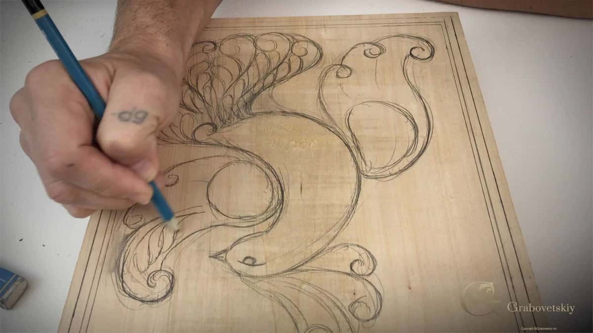 Scroll drawn in pencil inside a ruled border