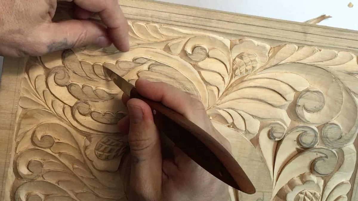 Wide gouge slicing a deep acanthus scroll in soft pale carving wood