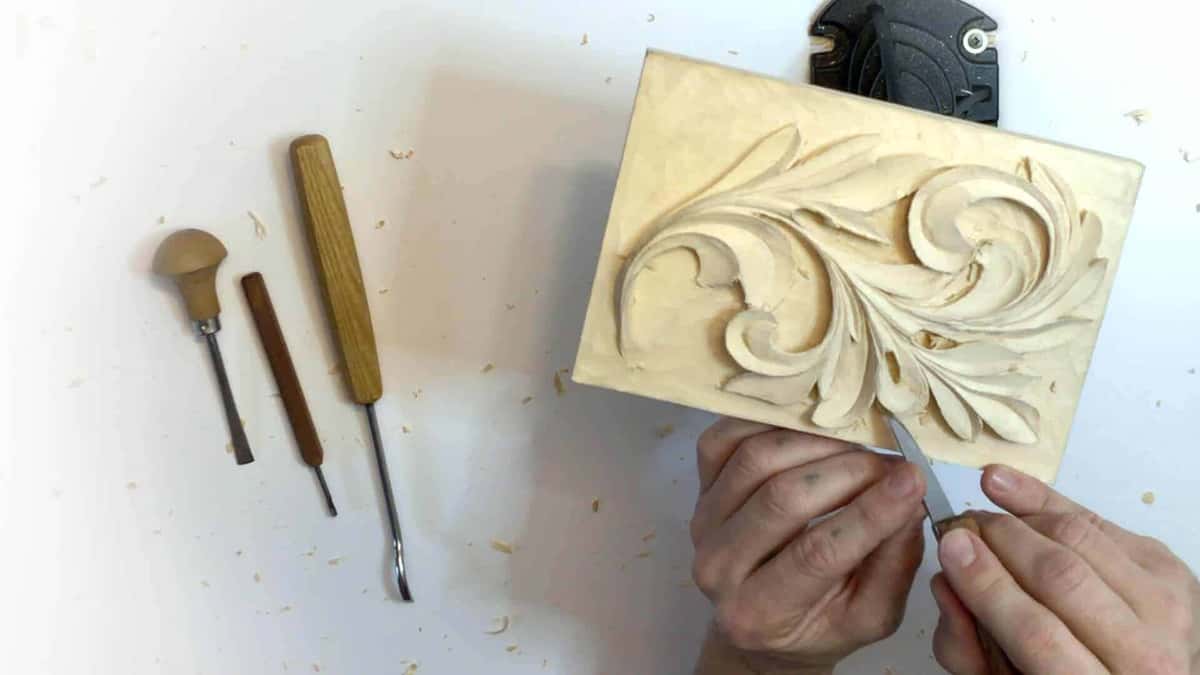Greek acanthus relief lifted off a bench where three gouges wait beside fresh shavings