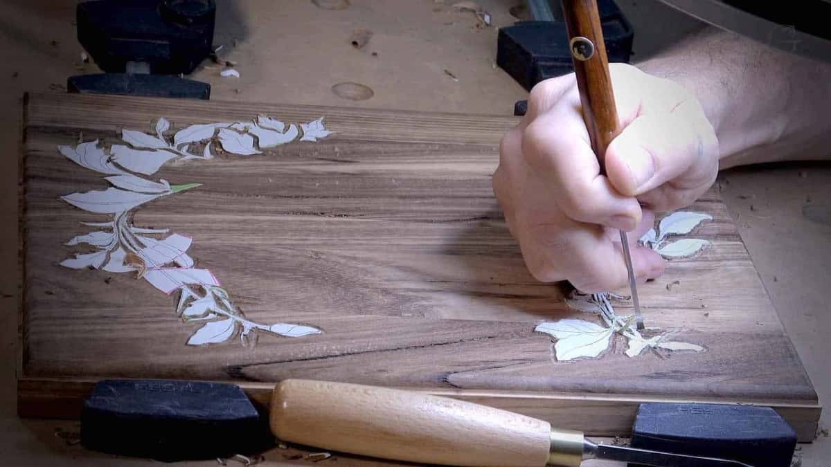 Gouge in a palm grip on dark acacia