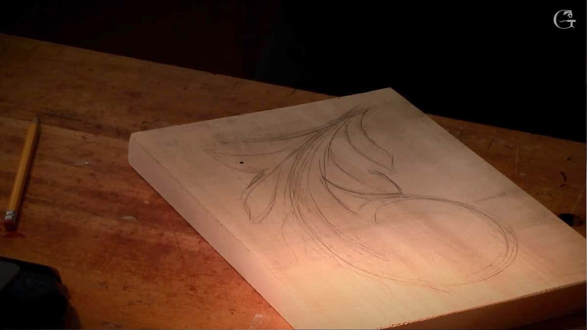 Pencil acanthus drawing on an uncarved board