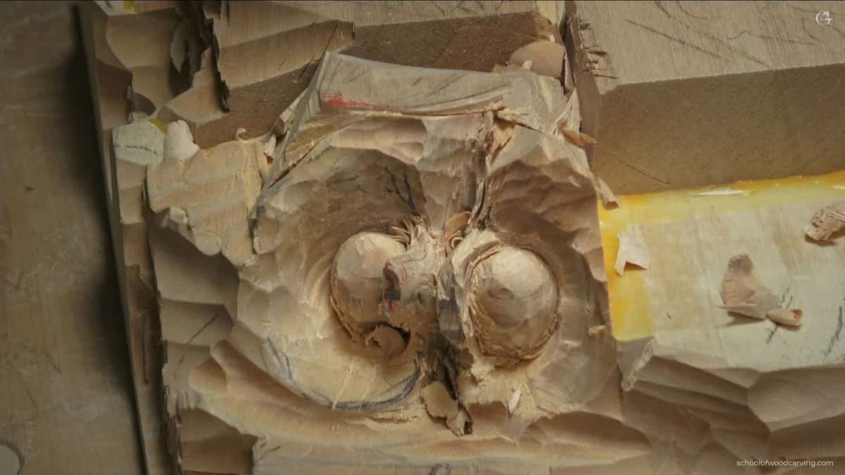 Roughed hazelnuts with torn fiber lifted across the block face