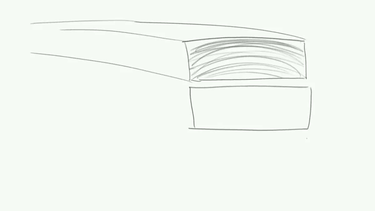 Hand drawn diagram of a board showing curved growth ring lines on its end grain.