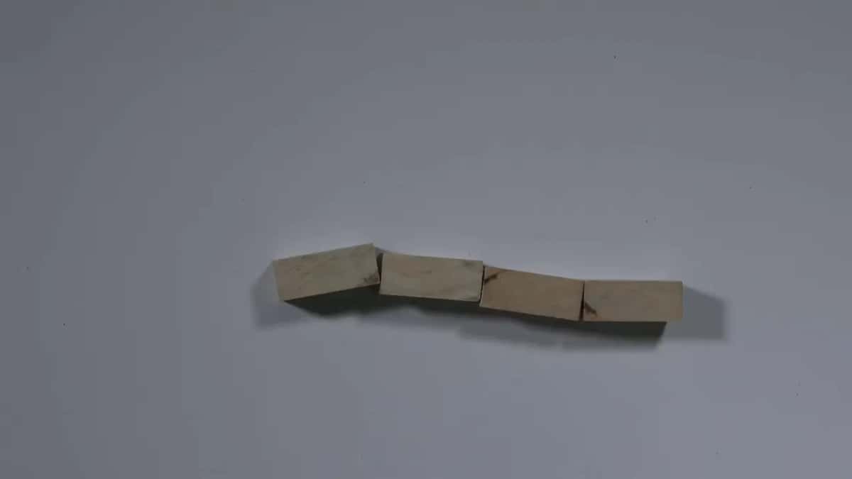 Four short wood blocks sit in a row, each one carrying the same dark diagonal mark across its face.