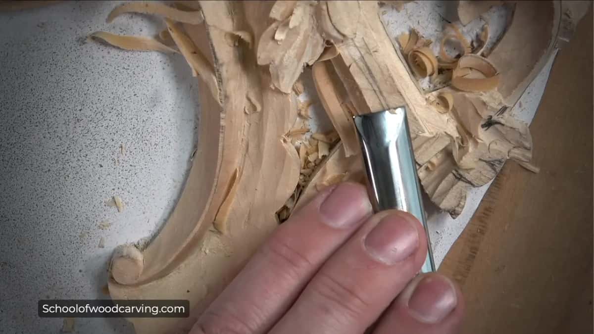Fingers hold a bright chrome gouge against pale carved leaves, loose curled shavings all around it.