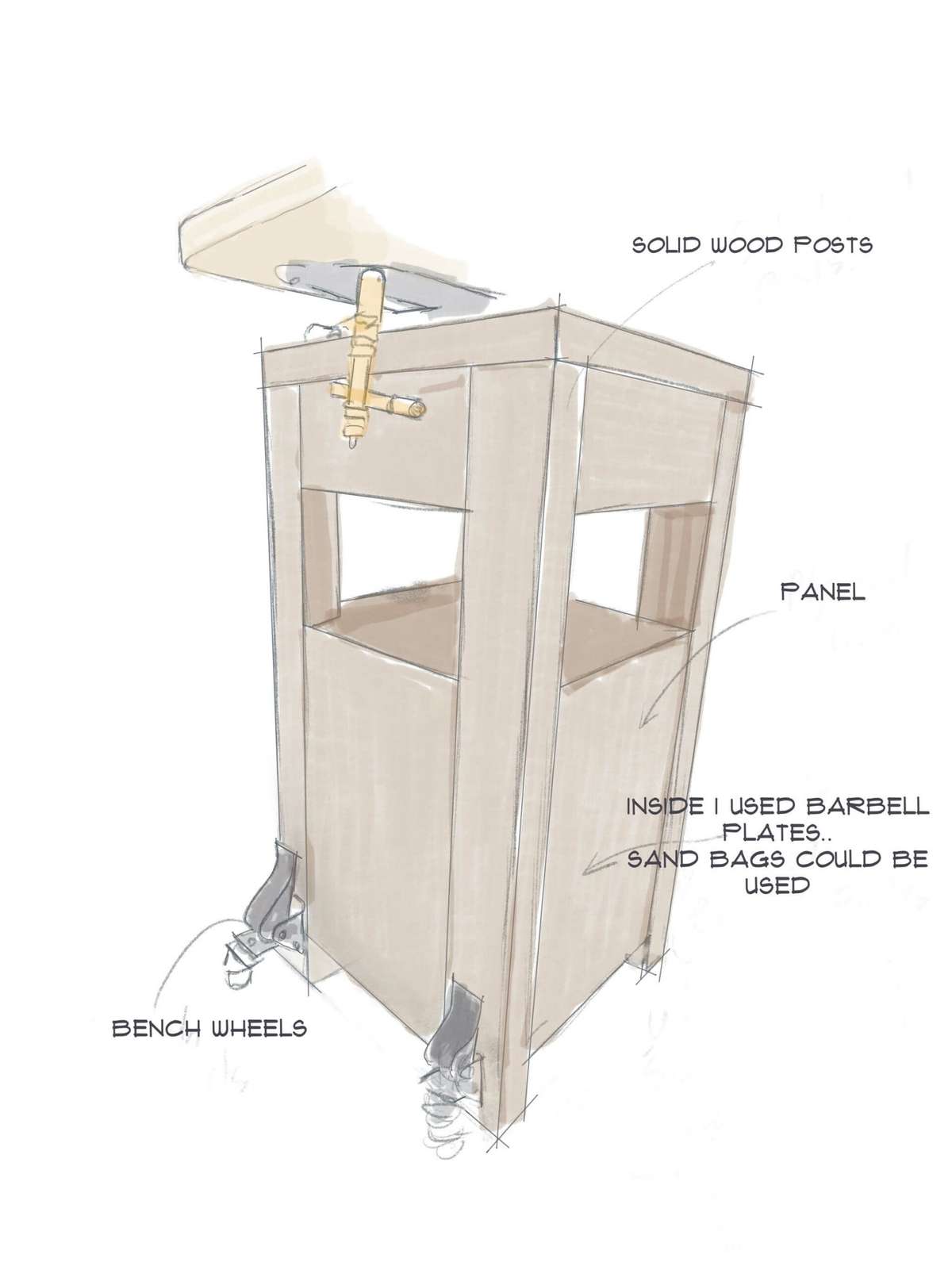 Close-up of a hard maple woodcarving workbench top showing dog holes and vise hardware for holding basswood carving projects
