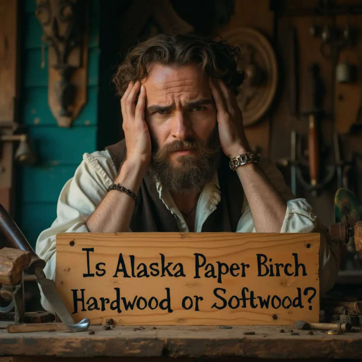WOODCARVING LESSONS: Woodcarver Grabovetskiy, a man with a beard, holds a sign that says "What wood is the best for carving?" He looks thoughtful. Carving tools are on the table in front of him. - Wood Carving tutorials
