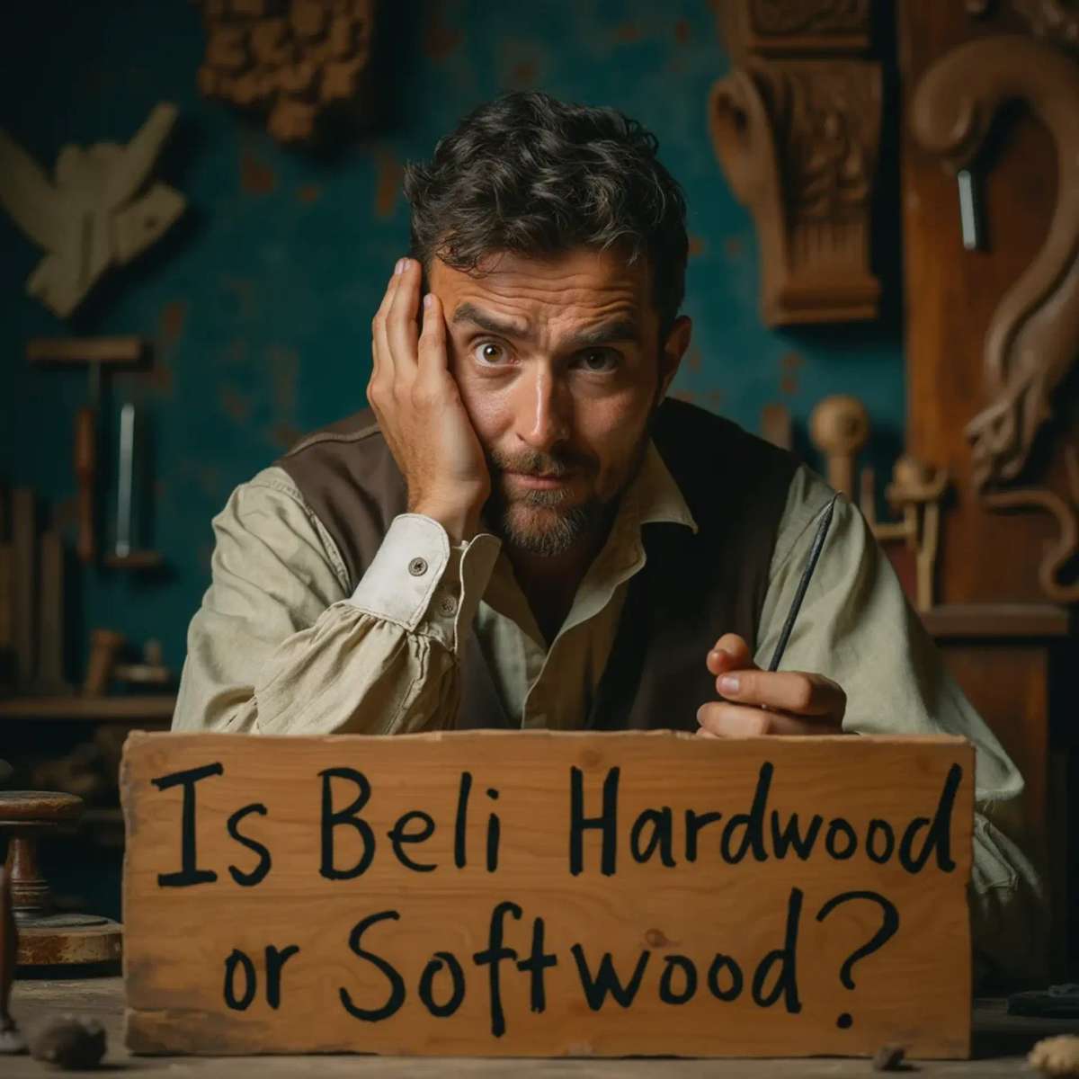 WOODCARVING LESSONS: Woodcarver Grabovetskiy, a man with a beard, holds a sign that says "What wood is the best for carving?" He looks thoughtful. Carving tools are on the table in front of him. - Wood Carving tutorials