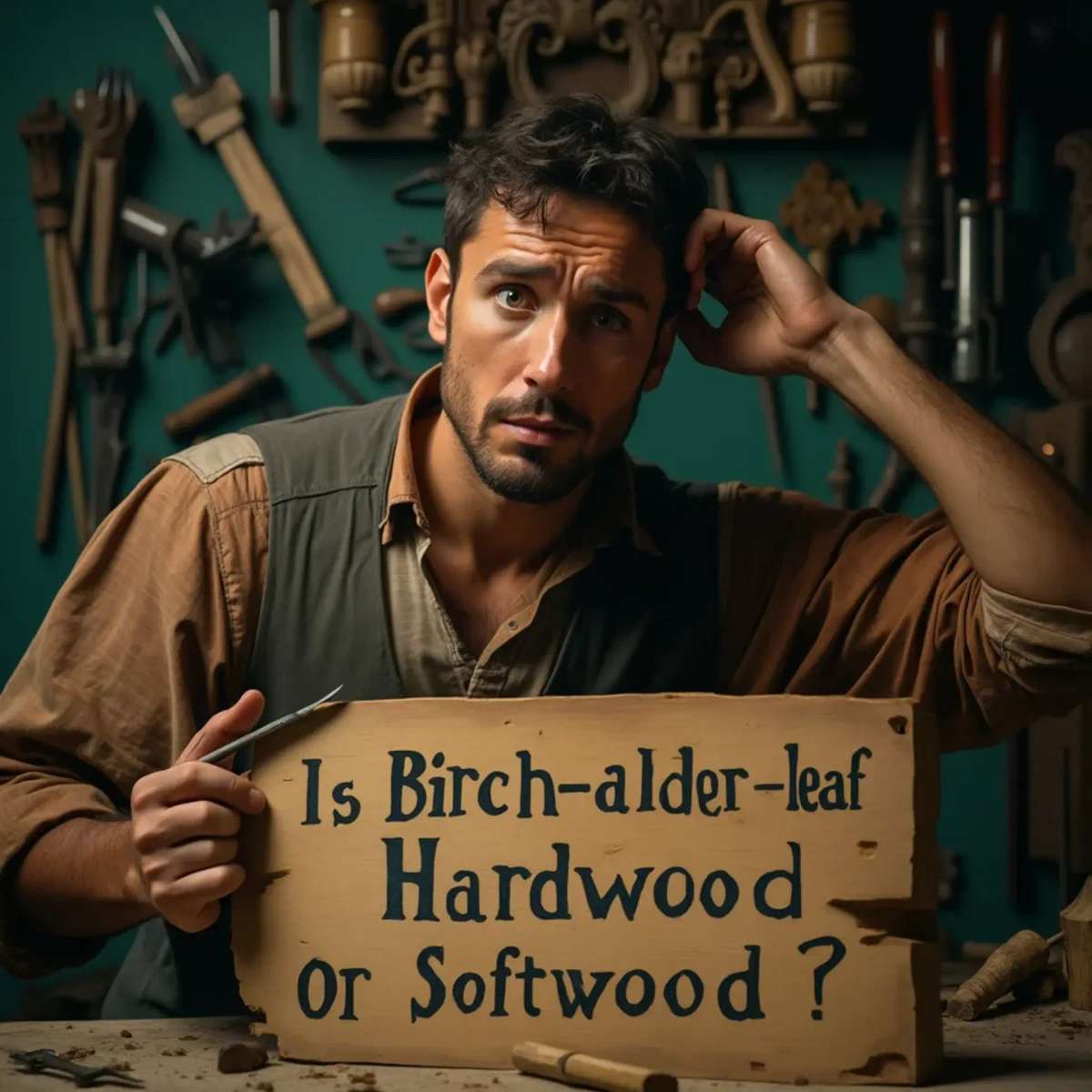 WOODCARVING LESSONS: Woodcarver Grabovetskiy, a man with a beard, holds a sign that says "What wood is the best for carving?" He looks thoughtful. Carving tools are on the table in front of him. - Wood Carving tutorials