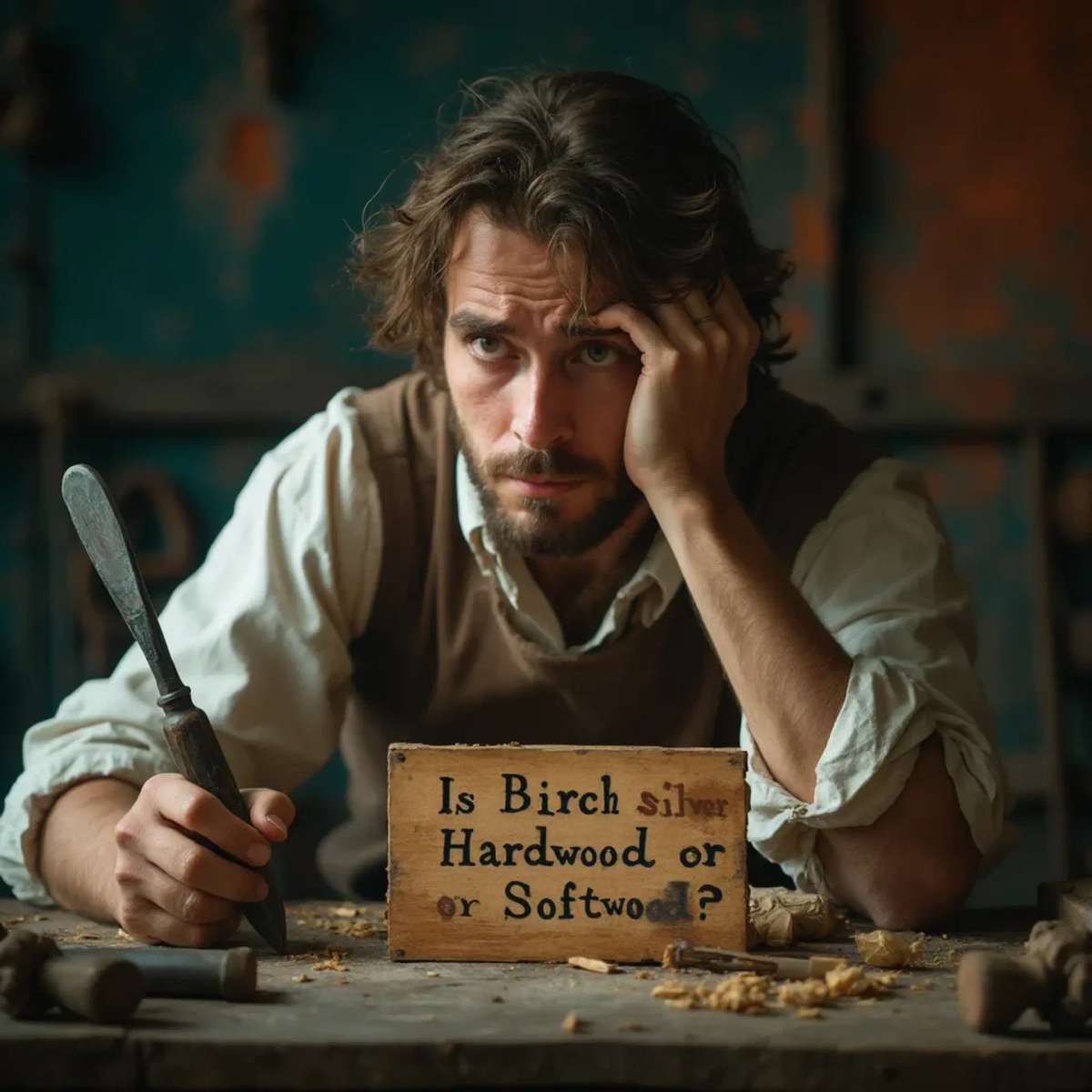 WOODCARVING LESSONS: Woodcarver Grabovetskiy, a man with a beard, holds a sign that says "What wood is the best for carving?" He looks thoughtful. Carving tools are on the table in front of him. - Wood Carving tutorials