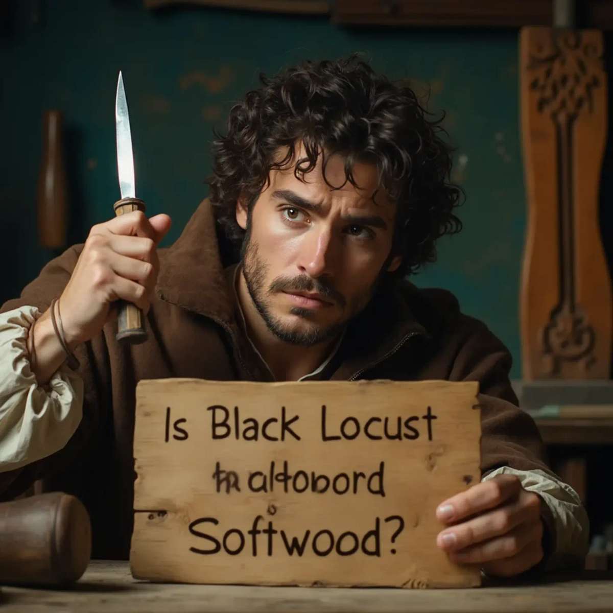 WOODCARVING LESSONS: Woodcarver Grabovetskiy, a man with a beard, holds a sign that says "What wood is the best for carving?" He looks thoughtful. Carving tools are on the table in front of him. - Wood Carving tutorials
