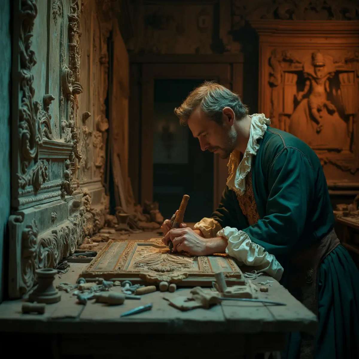 WOODCARVING LESSONS: Woodcarver Grabovetskiy, a man with a beard, holds a sign that says "What wood is the best for carving?" He looks thoughtful. Carving tools are on the table in front of him. - Wood Carving tutorials