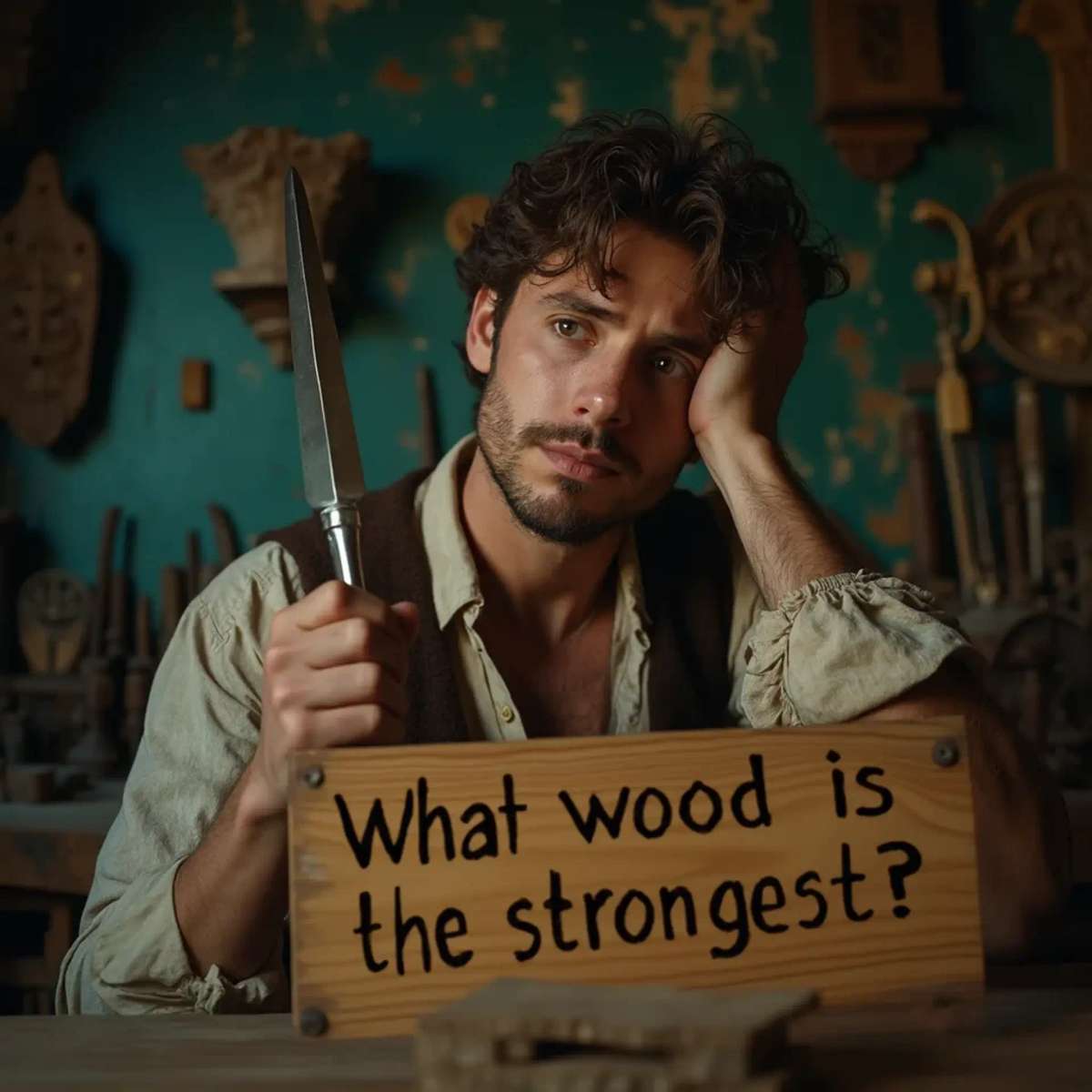 WOODCARVING LESSONS: Woodcarver Grabovetskiy, a man with a beard, holds a sign that says "What wood is the best for carving?" He looks thoughtful. Carving tools are on the table in front of him. - Wood Carving tutorials