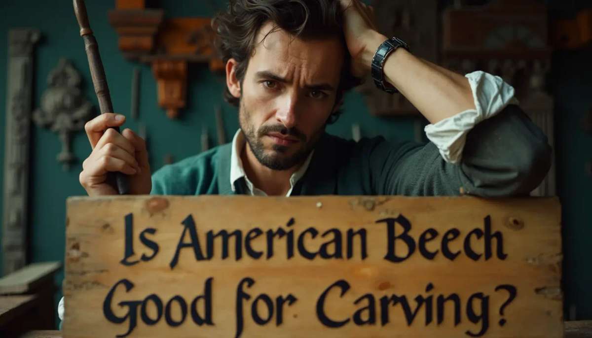 WOODCARVING LESSONS: Woodcarver Grabovetskiy, a man with a beard, holds a sign that says "What wood is the best for carving?" He looks thoughtful. Carving tools are on the table in front of him. - Wood Carving tutorials