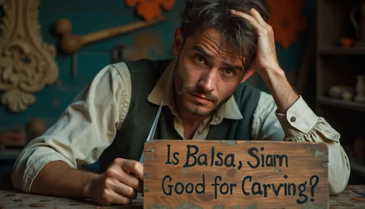 WOODCARVING LESSONS: Woodcarver Grabovetskiy, a man with a beard, holds a sign that says "What wood is the best for carving?" He looks thoughtful. Carving tools are on the table in front of him. - Wood Carving tutorials