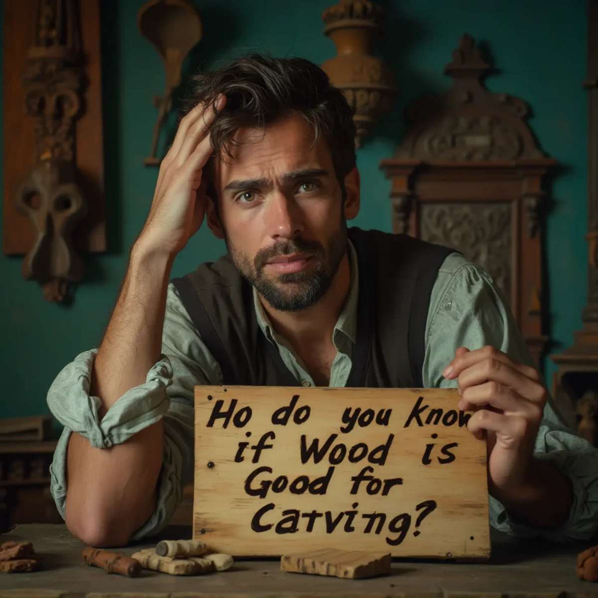 WOODCARVING LESSONS: Woodcarver Grabovetskiy, a man with a beard, holds a sign that says "What wood is the best for carving?" He looks thoughtful. Carving tools are on the table in front of him. - Wood Carving tutorials