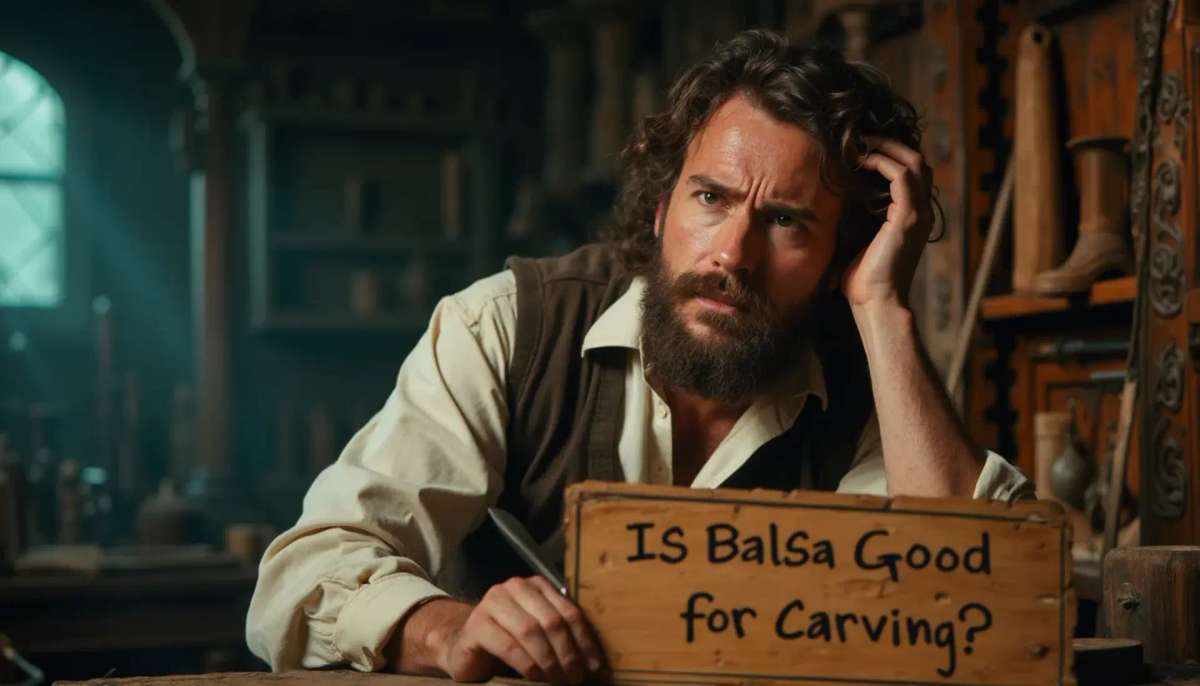 WOODCARVING LESSONS: Woodcarver Grabovetskiy, a man with a beard, holds a sign that says "What wood is the best for carving?" He looks thoughtful. Carving tools are on the table in front of him. - Wood Carving tutorials