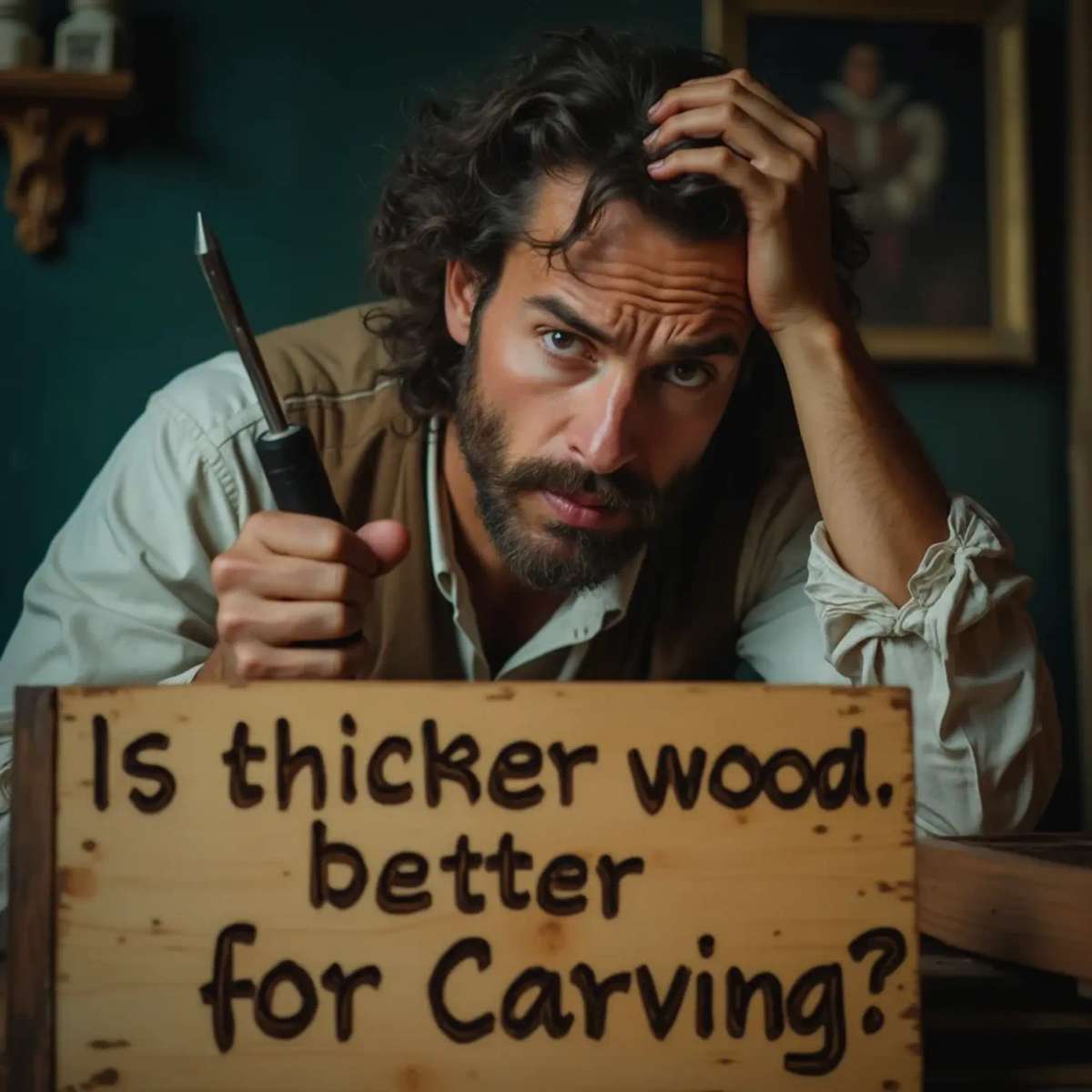 WOODCARVING LESSONS: Woodcarver Grabovetskiy, a man with a beard, holds a sign that says "What wood is the best for carving?" He looks thoughtful. Carving tools are on the table in front of him. - Wood Carving tutorials
