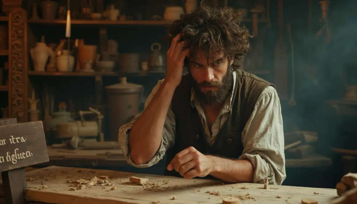 WOODCARVING LESSONS: Woodcarver Grabovetskiy, a man with a beard, holds a sign that says "What wood is the best for carving?" He looks thoughtful. Carving tools are on the table in front of him. - Wood Carving tutorials