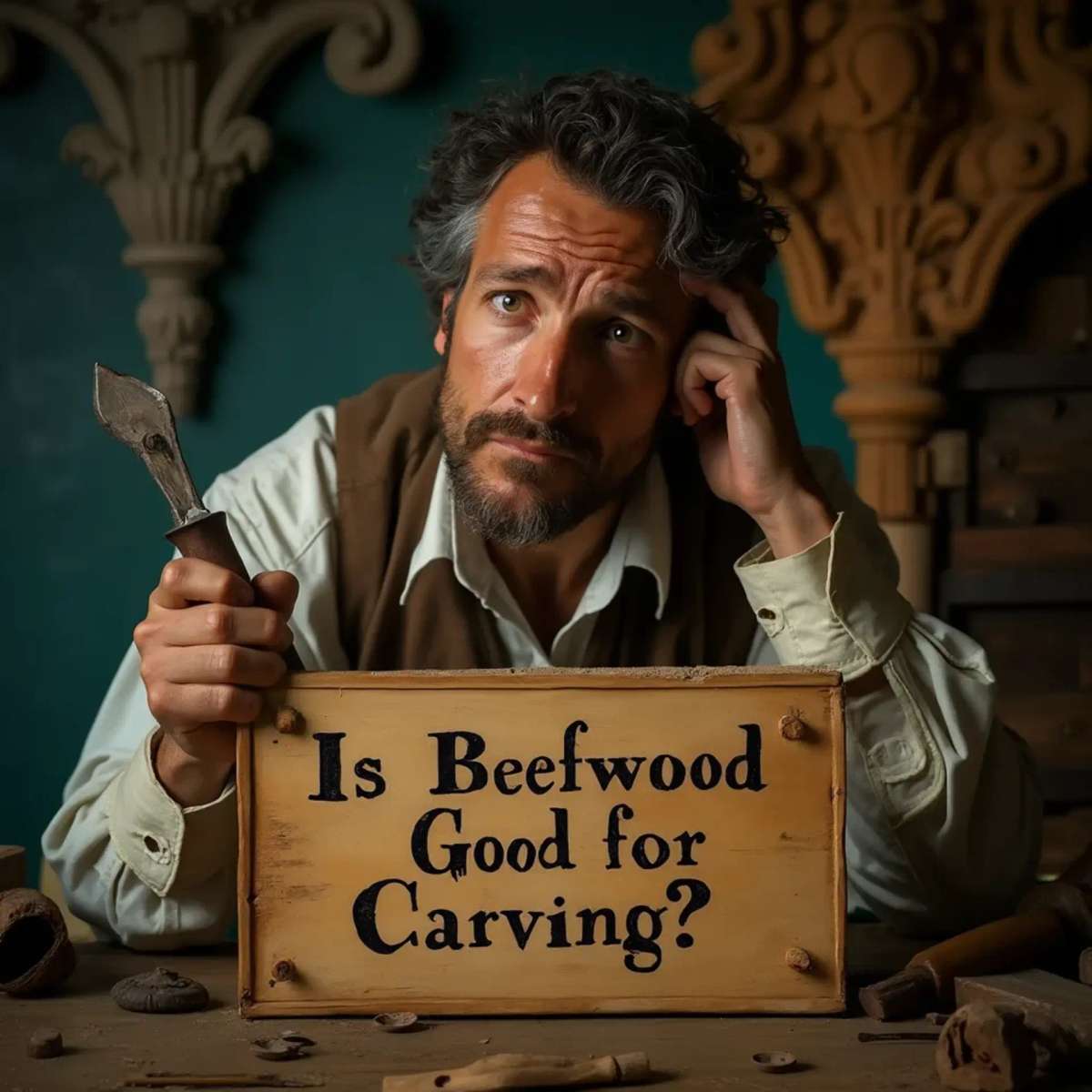 WOODCARVING LESSONS: Woodcarver Grabovetskiy, a man with a beard, holds a sign that says "What wood is the best for carving?" He looks thoughtful. Carving tools are on the table in front of him. - Wood Carving tutorials