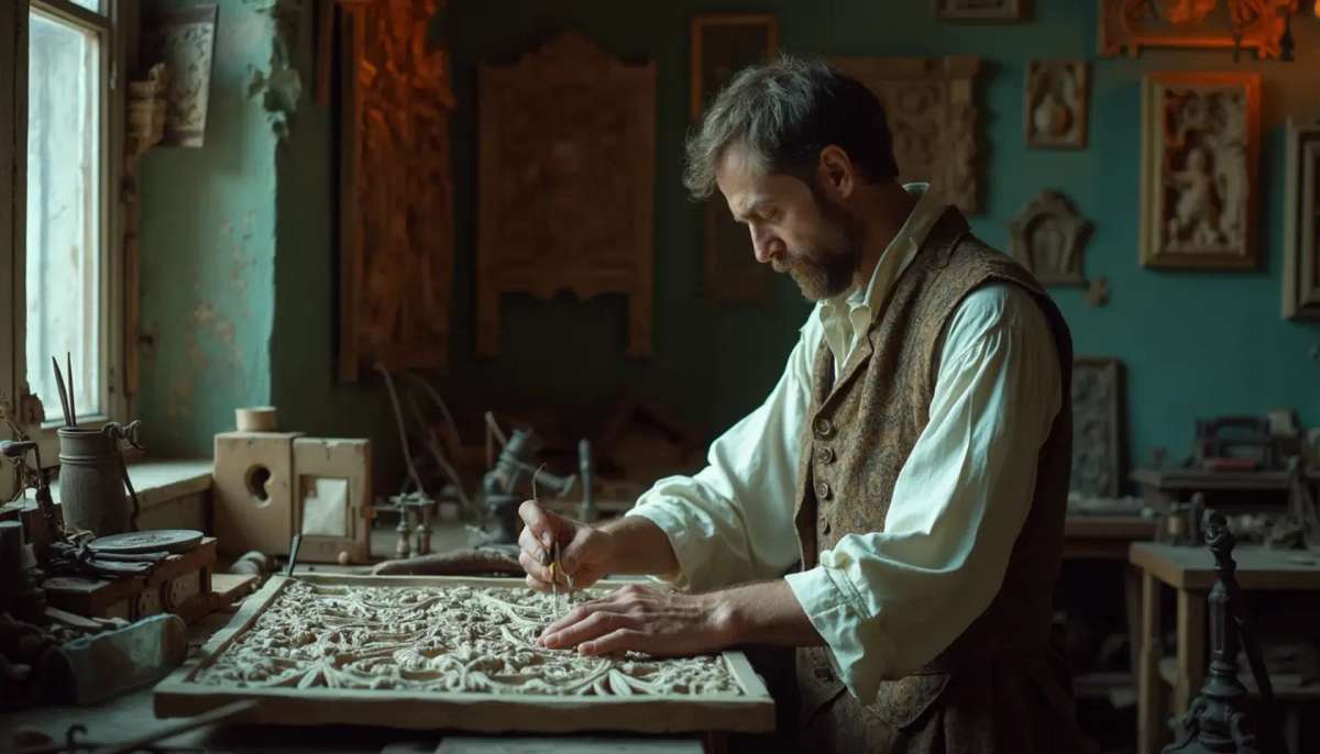 WOODCARVING LESSONS: Woodcarver Grabovetskiy, a man with a beard, holds a sign that says "What wood is the best for carving?" He looks thoughtful. Carving tools are on the table in front of him. - Wood Carving tutorials