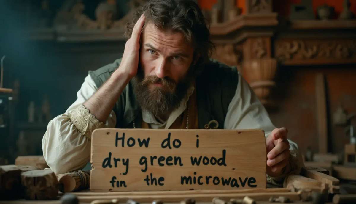 WOODCARVING LESSONS: Woodcarver Grabovetskiy, a man with a beard, holds a sign that says "What wood is the best for carving?" He looks thoughtful. Carving tools are on the table in front of him. - Wood Carving tutorials