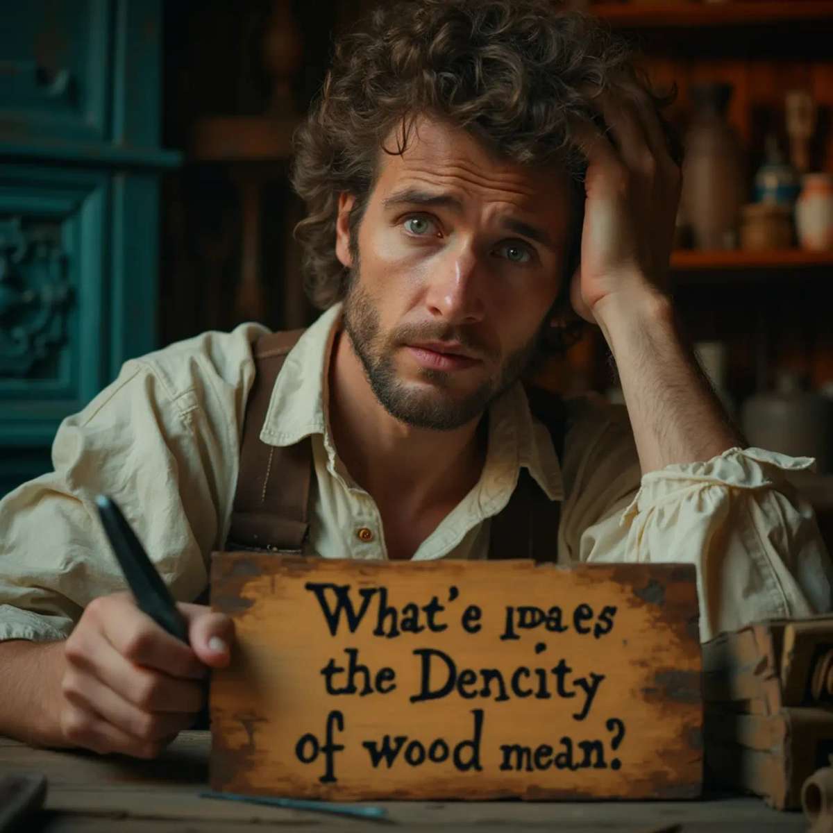 WOODCARVING LESSONS: Woodcarver Grabovetskiy, a man with a beard, holds a sign that says "What wood is the best for carving?" He looks thoughtful. Carving tools are on the table in front of him. - Wood Carving tutorials