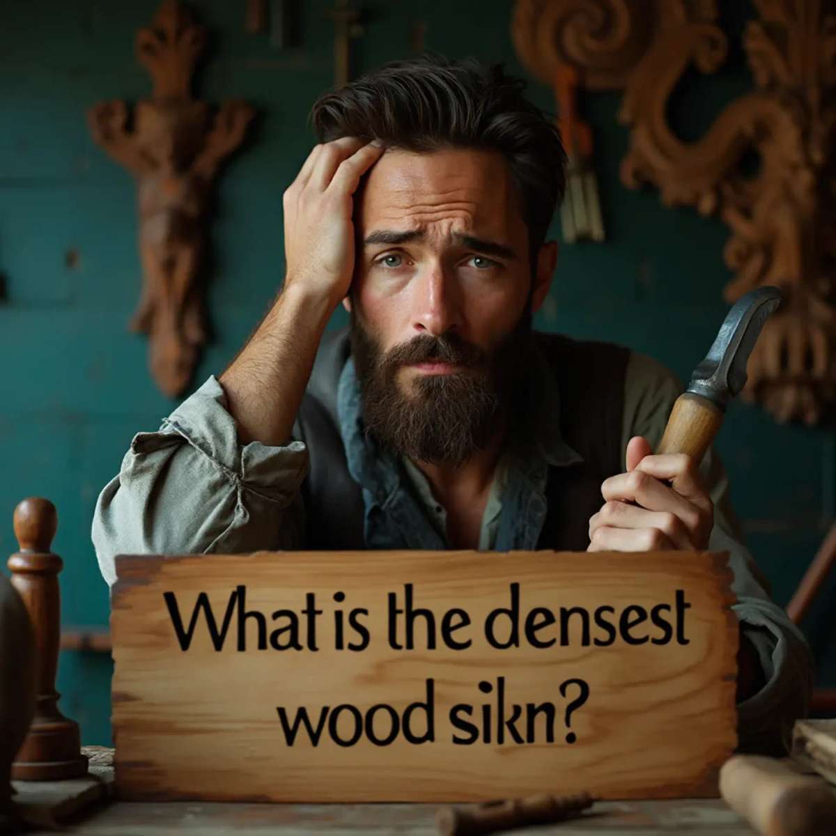 WOODCARVING LESSONS: Woodcarver Grabovetskiy, a man with a beard, holds a sign that says "What wood is the best for carving?" He looks thoughtful. Carving tools are on the table in front of him. - Wood Carving tutorials