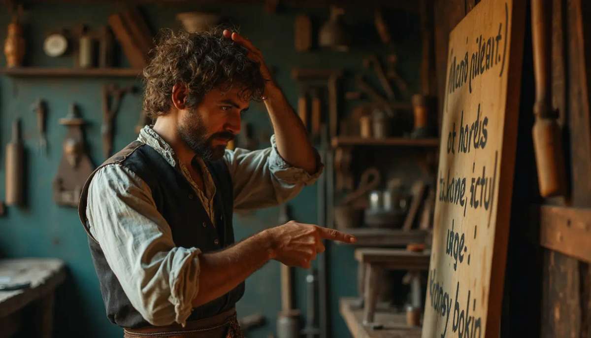 WOODCARVING LESSONS: Woodcarver Grabovetskiy, a man with a beard, holds a sign that says "What wood is the best for carving?" He looks thoughtful. Carving tools are on the table in front of him. - Wood Carving tutorials