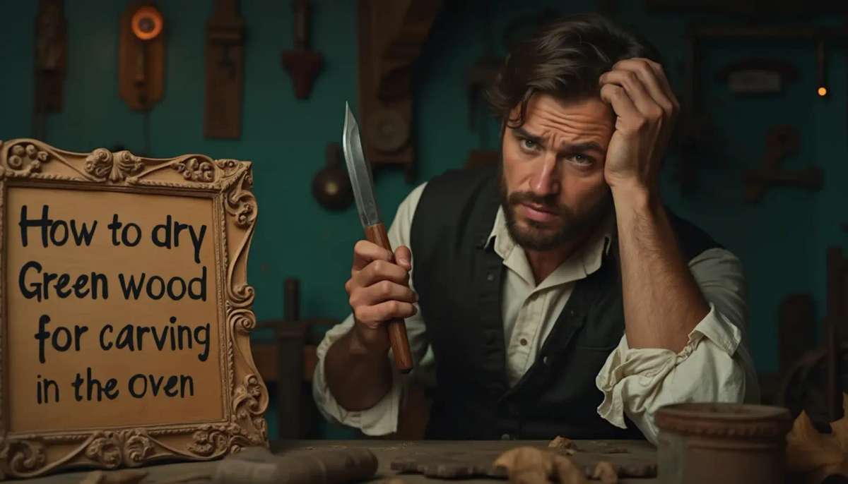 WOODCARVING LESSONS: Woodcarver Grabovetskiy, a man with a beard, holds a sign that says "What wood is the best for carving?" He looks thoughtful. Carving tools are on the table in front of him. - Wood Carving tutorials