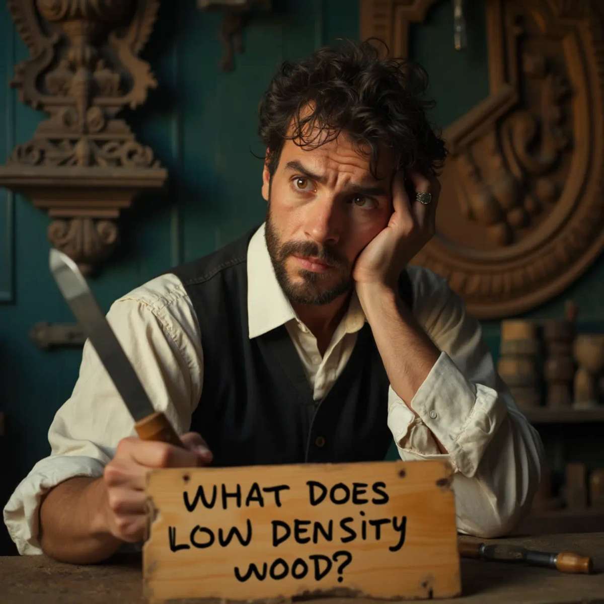 WOODCARVING LESSONS: Woodcarver Grabovetskiy, a man with a beard, holds a sign that says "What wood is the best for carving?" He looks thoughtful. Carving tools are on the table in front of him. - Wood Carving tutorials