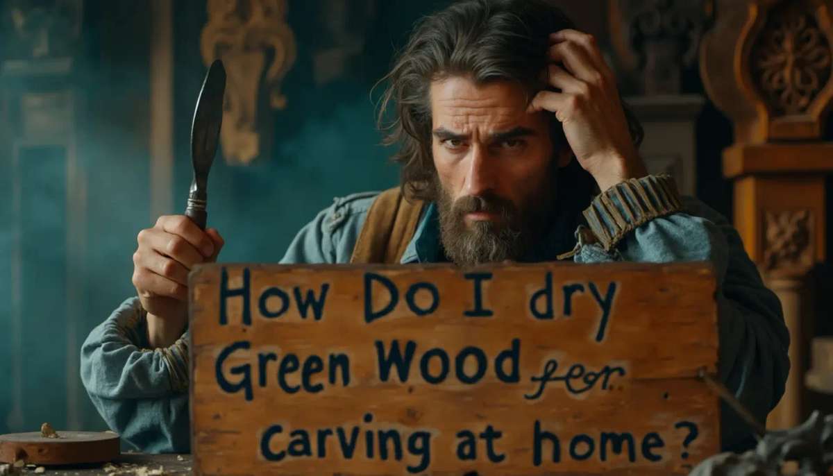 WOODCARVING LESSONS: Woodcarver Grabovetskiy, a man with a beard, holds a sign that says "What wood is the best for carving?" He looks thoughtful. Carving tools are on the table in front of him. - Wood Carving tutorials