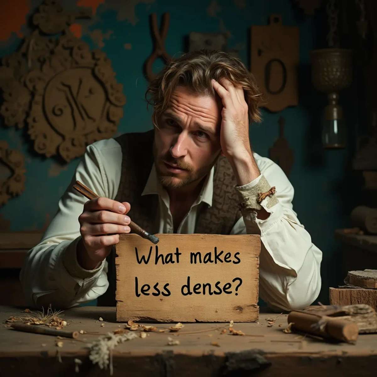 WOODCARVING LESSONS: Woodcarver Grabovetskiy, a man with a beard, holds a sign that says "What wood is the best for carving?" He looks thoughtful. Carving tools are on the table in front of him. - Wood Carving tutorials