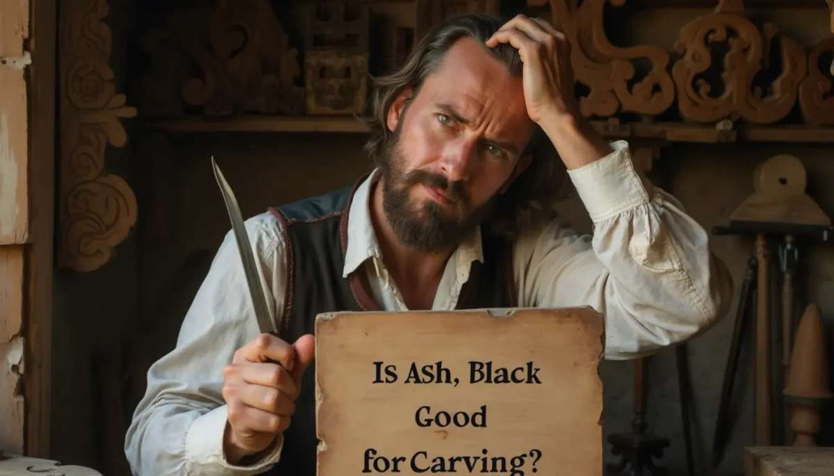 WOODCARVING LESSONS: Woodcarver Grabovetskiy, a man with a beard, holds a sign that says "What wood is the best for carving?" He looks thoughtful. Carving tools are on the table in front of him. - Wood Carving tutorials