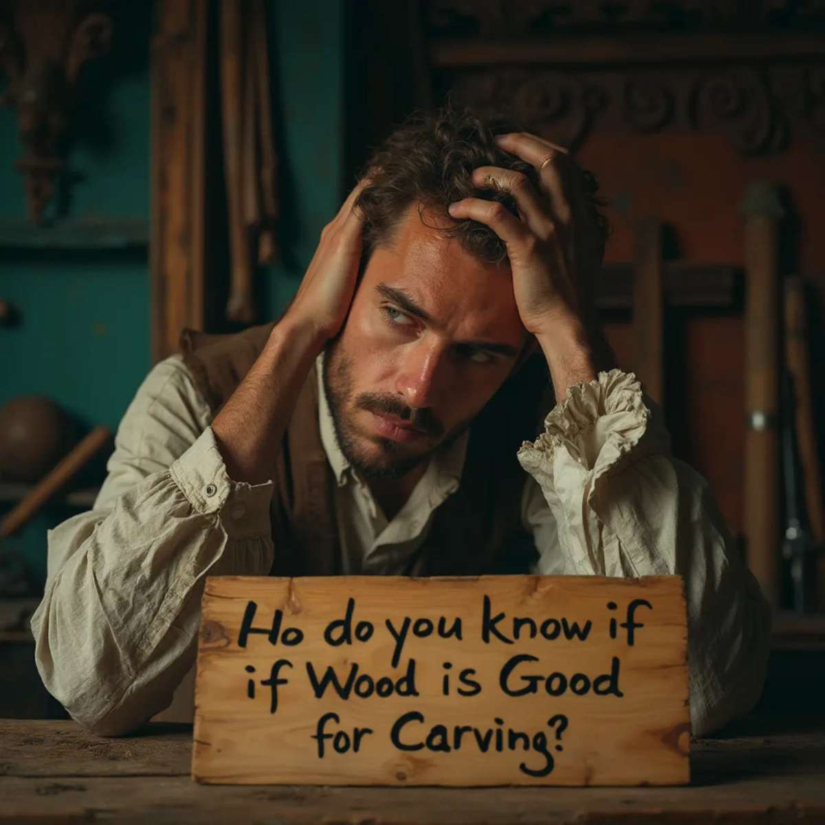 WOODCARVING LESSONS: Woodcarver Grabovetskiy, a man with a beard, holds a sign that says "What wood is the best for carving?" He looks thoughtful. Carving tools are on the table in front of him. - Wood Carving tutorials