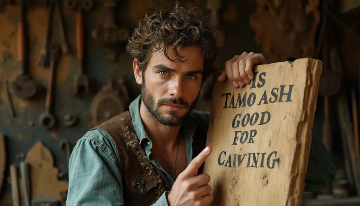WOODCARVING LESSONS: Woodcarver Grabovetskiy, a man with a beard, holds a sign that says "What wood is the best for carving?" He looks thoughtful. Carving tools are on the table in front of him. - Wood Carving tutorials