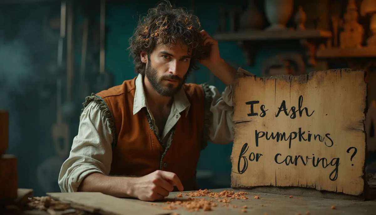 WOODCARVING LESSONS: Woodcarver Grabovetskiy, a man with a beard, holds a sign that says "What wood is the best for carving?" He looks thoughtful. Carving tools are on the table in front of him. - Wood Carving tutorials