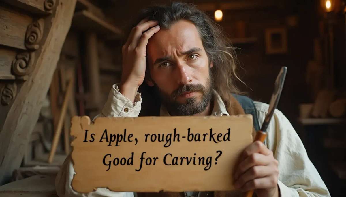 WOODCARVING LESSONS: Woodcarver Grabovetskiy, a man with a beard, holds a sign that says "What wood is the best for carving?" He looks thoughtful. Carving tools are on the table in front of him. - Wood Carving tutorials