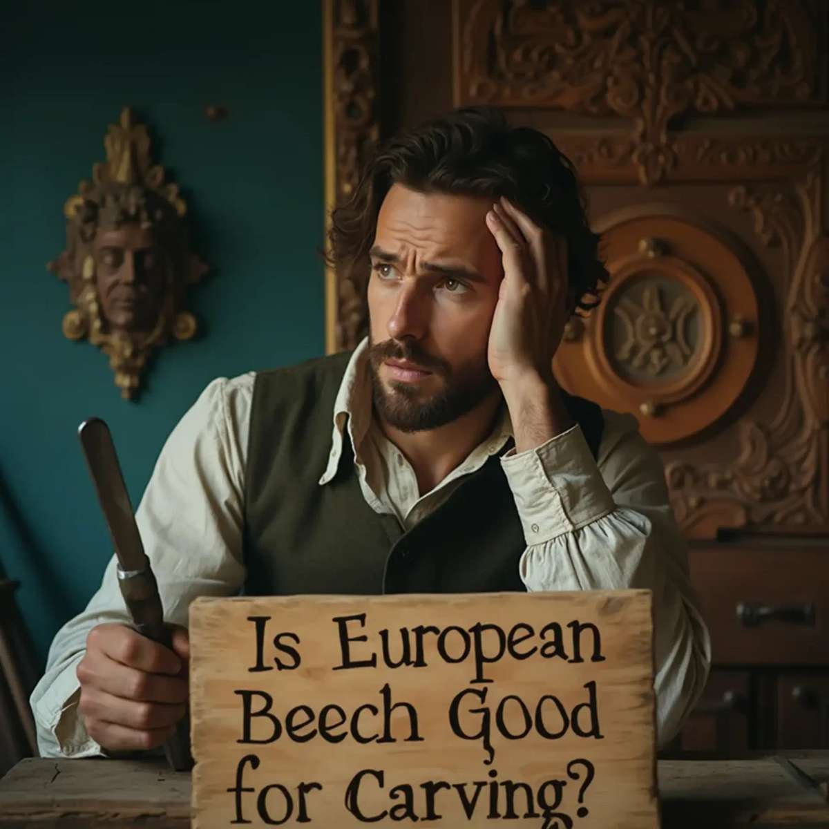 WOODCARVING LESSONS: Woodcarver Grabovetskiy, a man with a beard, holds a sign that says "What wood is the best for carving?" He looks thoughtful. Carving tools are on the table in front of him. - Wood Carving tutorials