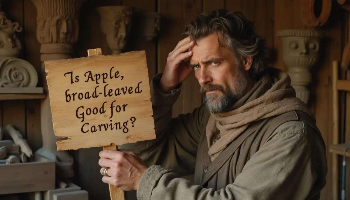 WOODCARVING LESSONS: Woodcarver Grabovetskiy, a man with a beard, holds a sign that says "What wood is the best for carving?" He looks thoughtful. Carving tools are on the table in front of him. - Wood Carving tutorials