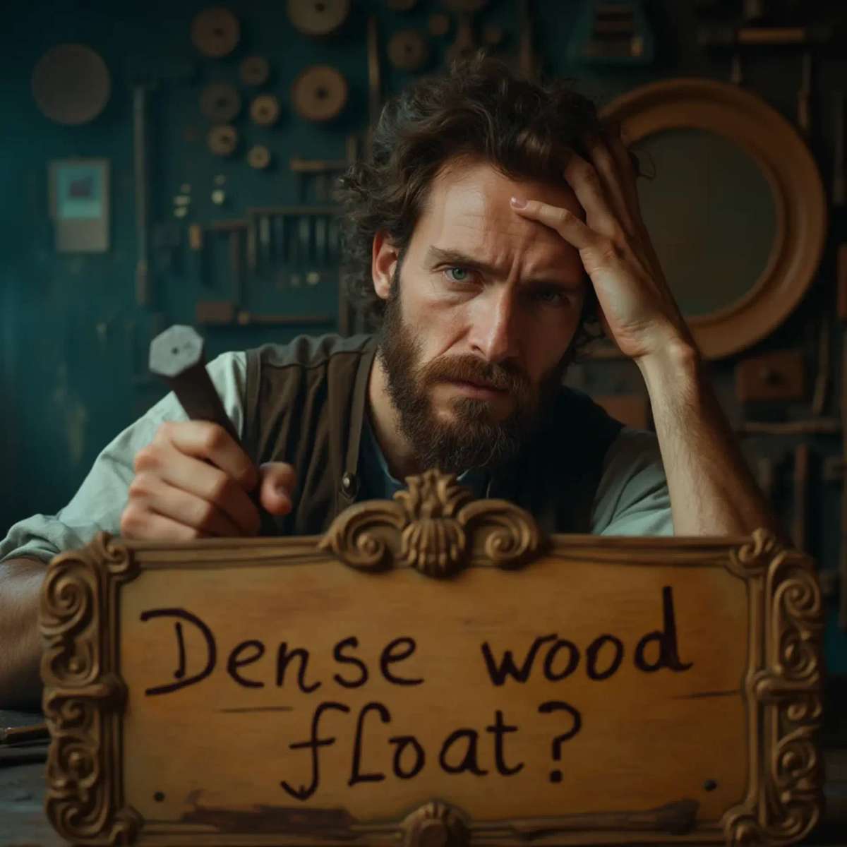 WOODCARVING LESSONS: Woodcarver Grabovetskiy, a man with a beard, holds a sign that says "What wood is the best for carving?" He looks thoughtful. Carving tools are on the table in front of him. - Wood Carving tutorials