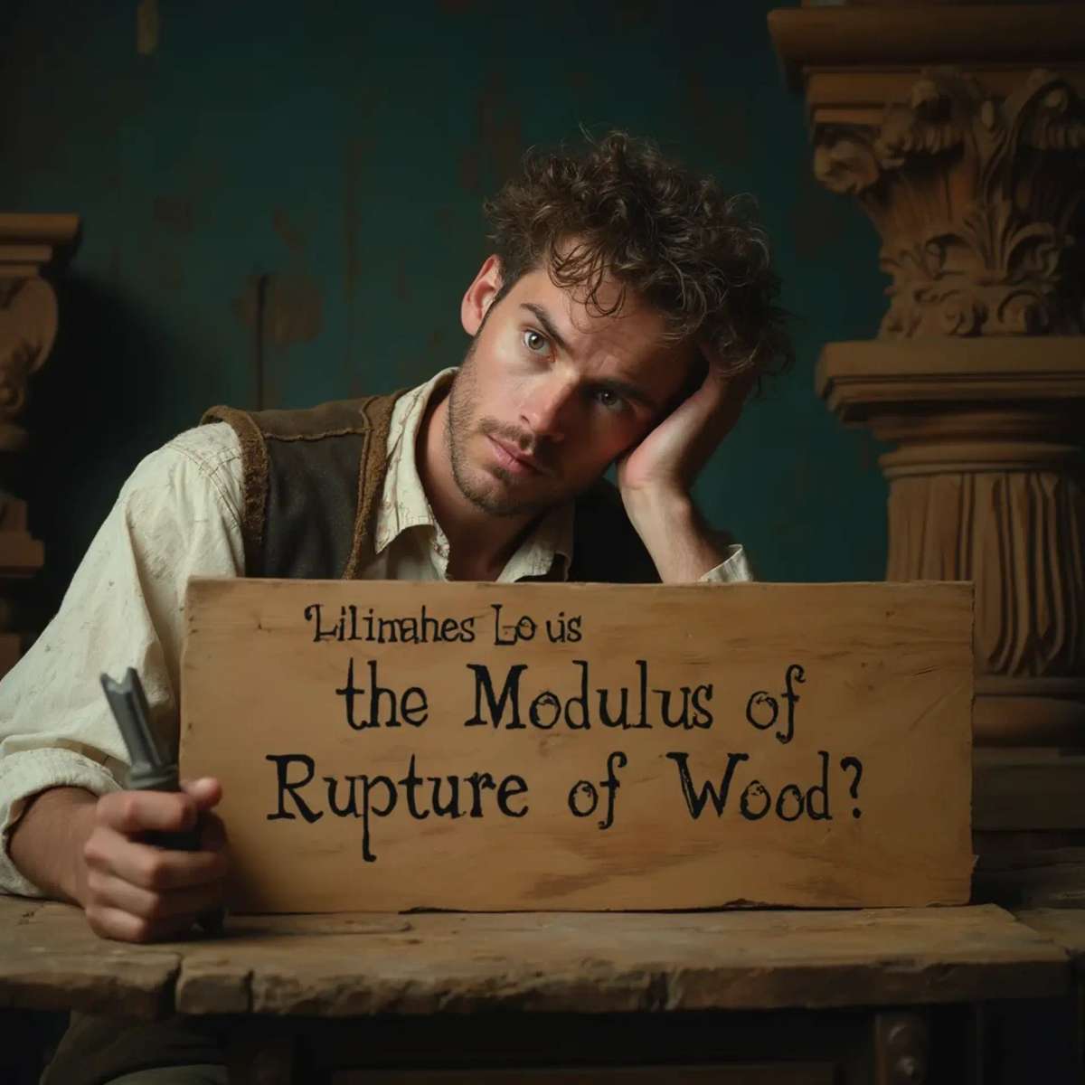 WOODCARVING LESSONS: Woodcarver Grabovetskiy, a man with a beard, holds a sign that says "What wood is the best for carving?" He looks thoughtful. Carving tools are on the table in front of him. - Wood Carving tutorials