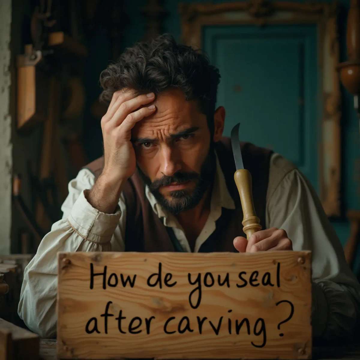 WOODCARVING LESSONS: Woodcarver Grabovetskiy, a man with a beard, holds a sign that says "What wood is the best for carving?" He looks thoughtful. Carving tools are on the table in front of him. - Wood Carving tutorials