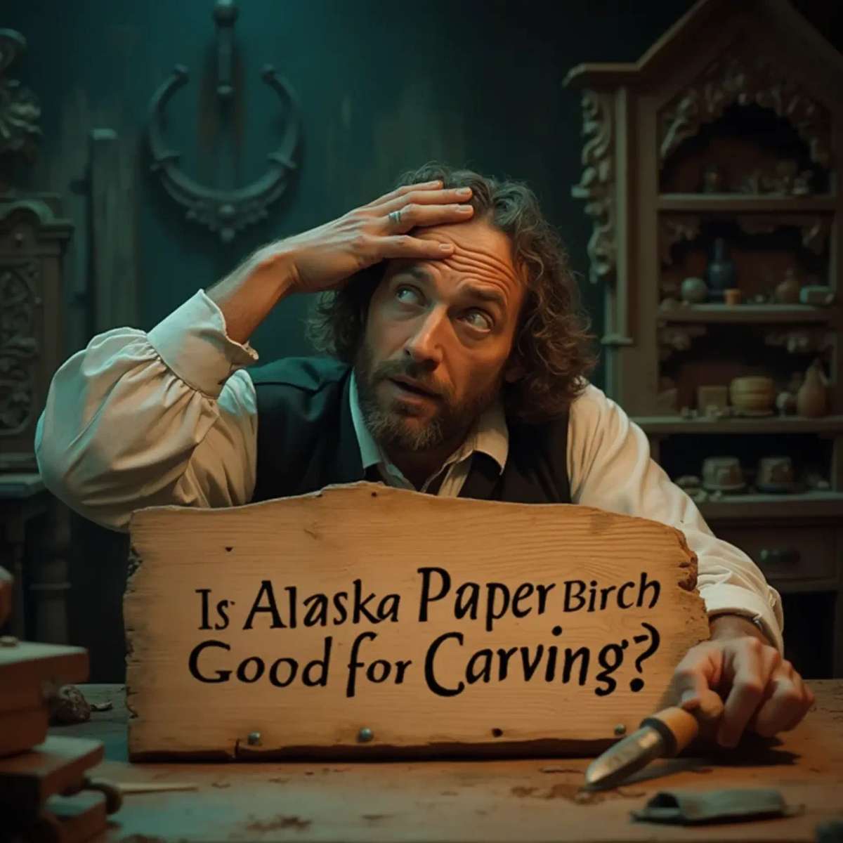 WOODCARVING LESSONS: Woodcarver Grabovetskiy, a man with a beard, holds a sign that says "What wood is the best for carving?" He looks thoughtful. Carving tools are on the table in front of him. - Wood Carving tutorials