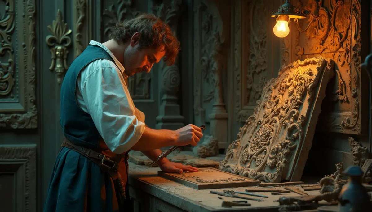 Alt text: A focused man with a beard sits at a workbench, pondering the question, "What wood is the best for carving?" surrounded by woodworking tools, emphasizing the topic of wood carving classes and lessons.