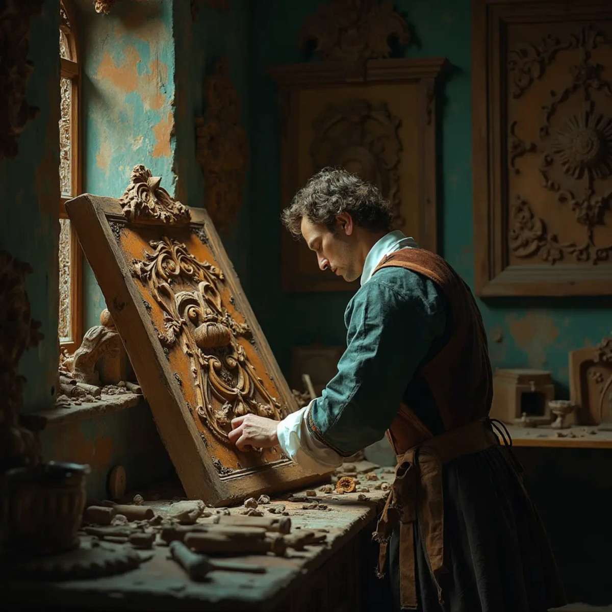 A thoughtful woodworker sitting at a workbench, pondering the best type of wood for carving. He holds a carving tool in one hand, with a sign in front of him that reads, "What wood is the best for carving?" This scene hints at the importance of choosing the right materials in wood carving classes and lessons.
