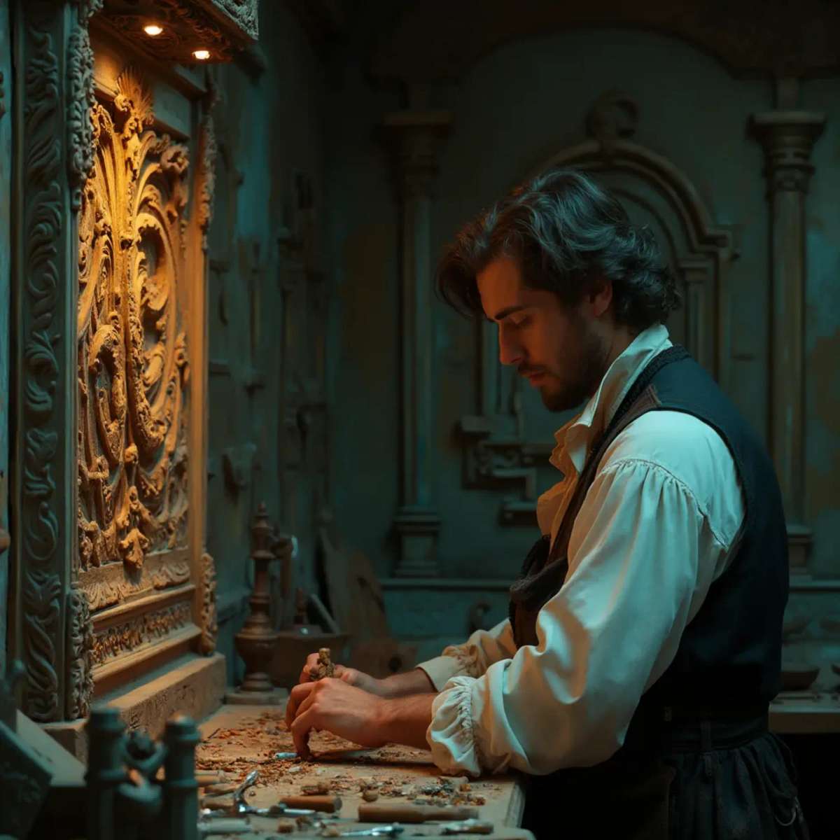 Alt text: A focused man with a beard sits at a workbench, pondering the question, "What wood is the best for carving?" surrounded by woodworking tools, emphasizing the topic of wood carving classes and lessons.